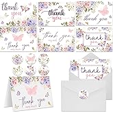 60 Pieces Butterfly Floral Baby Shower Thank You Cards,Purple Thank You Cards Includes 30 Pieces Envelopes and 30 Pieces Blank Butterfly Cards with Stickers for Wedding Baby Shower Graduation Bridal