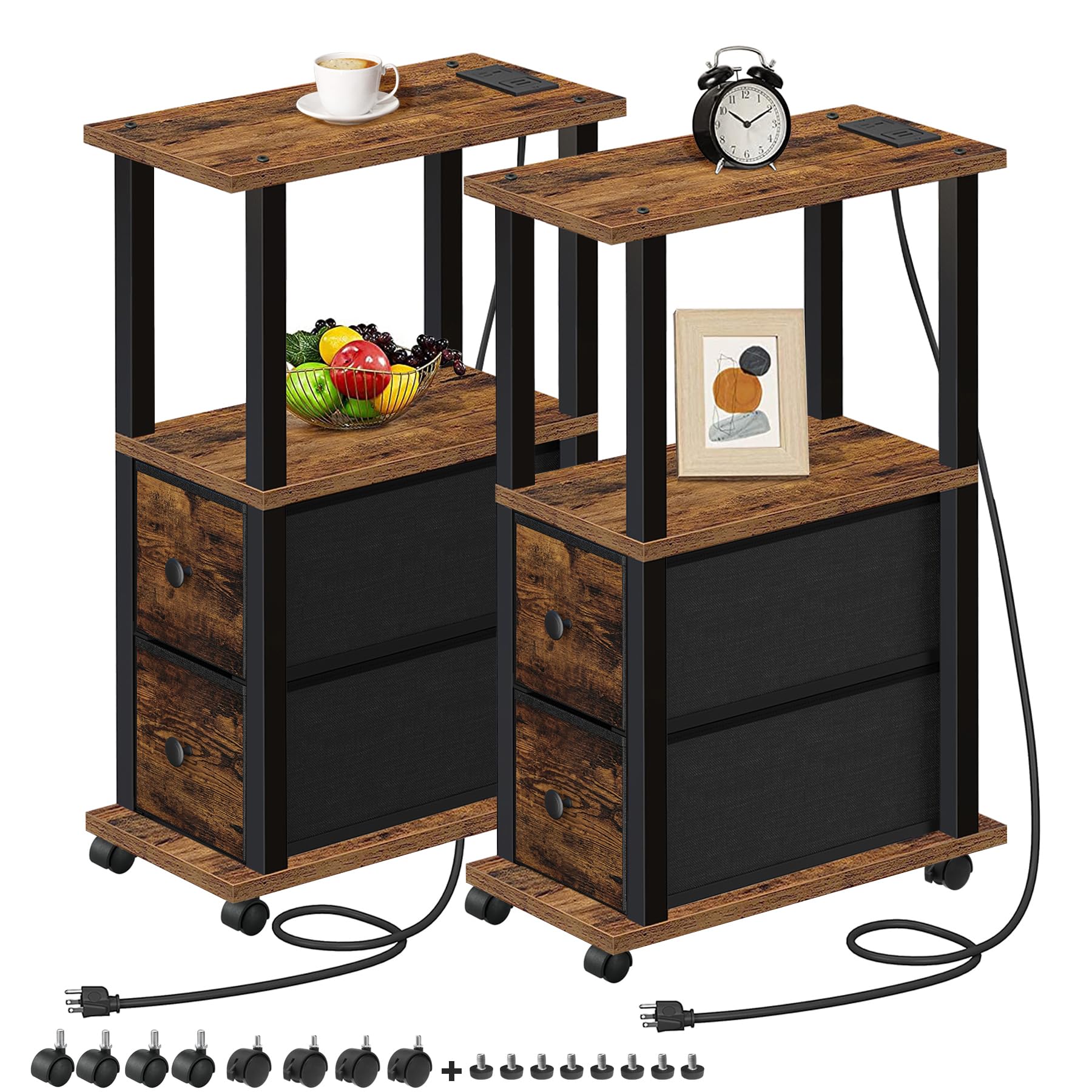 Photo 1 of TUTOTAK Small Narrow End Tables, Side Tables with 2 Fabric Drawers, Set of 2, Bedside Tables with Charging Station for Small Spaces, Slim Nightstands with USB Ports and Wheels, TB01BB053C