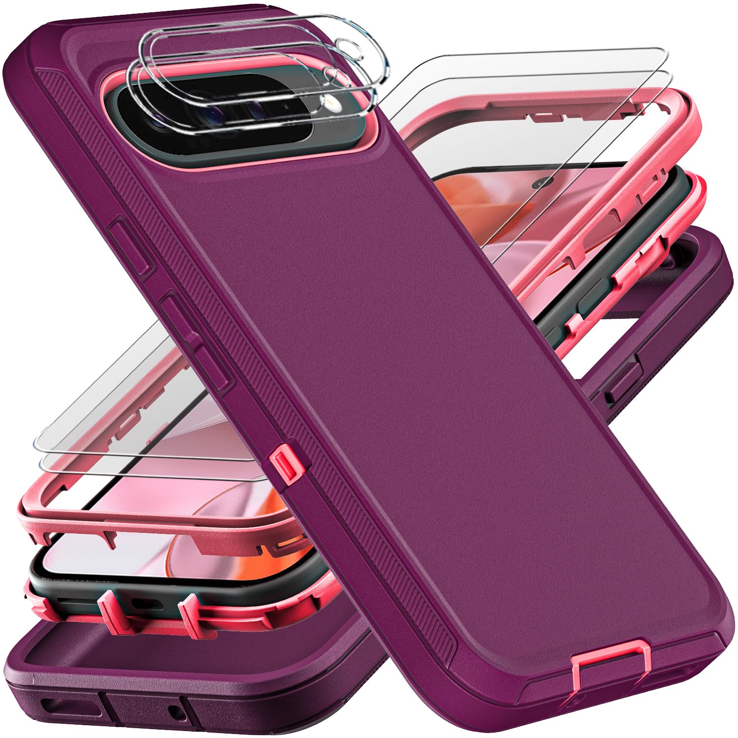 YKHJKLEC for Google Pixel 10 Case, Military Grade 3 in 1 Heavy Duty Shockproof/Drop Proof/Dust Proof Case with 2Pcs Tempered Glass Screen Protector & Camera Lens Protector (Purple/Pink)