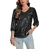 LADI TREND Women's Sparkly Sequin Tops 3/4 Sleeve Glitter Dressy Blouses V-Neck Club Party Tops