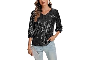 LADI TREND Women's Sparkly Sequin Tops 3/4 Sleeve Glitter Dressy Blouses V-Neck Club Party Tops