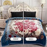 YHSF Korean Faux Mink Blanket - 2 Ply Thick & Soft Reversible Printed Plush Winter - Warm Cozy Silky Raschel Blanket - Easy Care, Fade Resistant - Flower/Light Blue, King, 5 LB, 83 in x 91 in