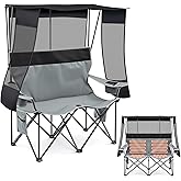 Teenyyou Double Camping Chair with Canopy Shade, 660lbs Folding Double Beach Loveseat with Padded Seat and Cup Holders, 4-Zone Heated Outdoor Chair for Lawn Camp, Use 5v/3a Power Bank(Black and Grey)