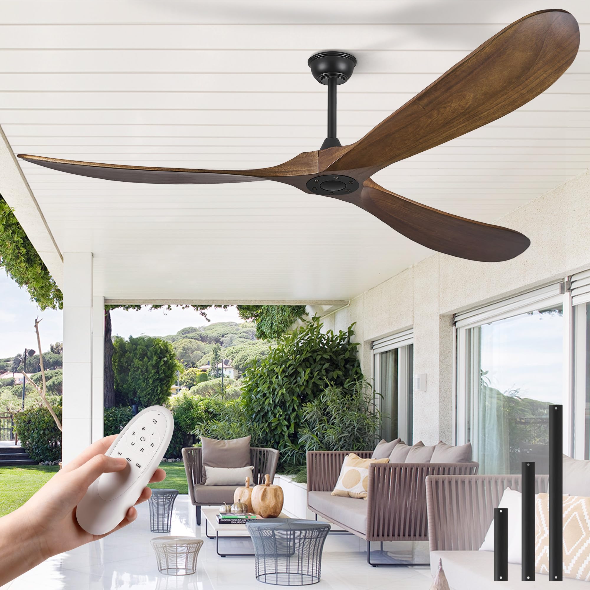Photo 1 of 72 Inch Ceiling Fans without Lights, Wood Large Ceiling Fan no Light and Remote Control, Modern Indoor Outdoor Ceiling Fan no Light 3 Blade Propeller for Patios Farmhouse Garage High cfm, Dark Walnut