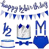 Spakon 6 Month Happy Birthday Banner Set 1/2 Happy Birthday Decorations Glitter 1/2 Half Year Cake Topper Triangle Flag Celebrations Crown Hat Bow Tie(Blue)