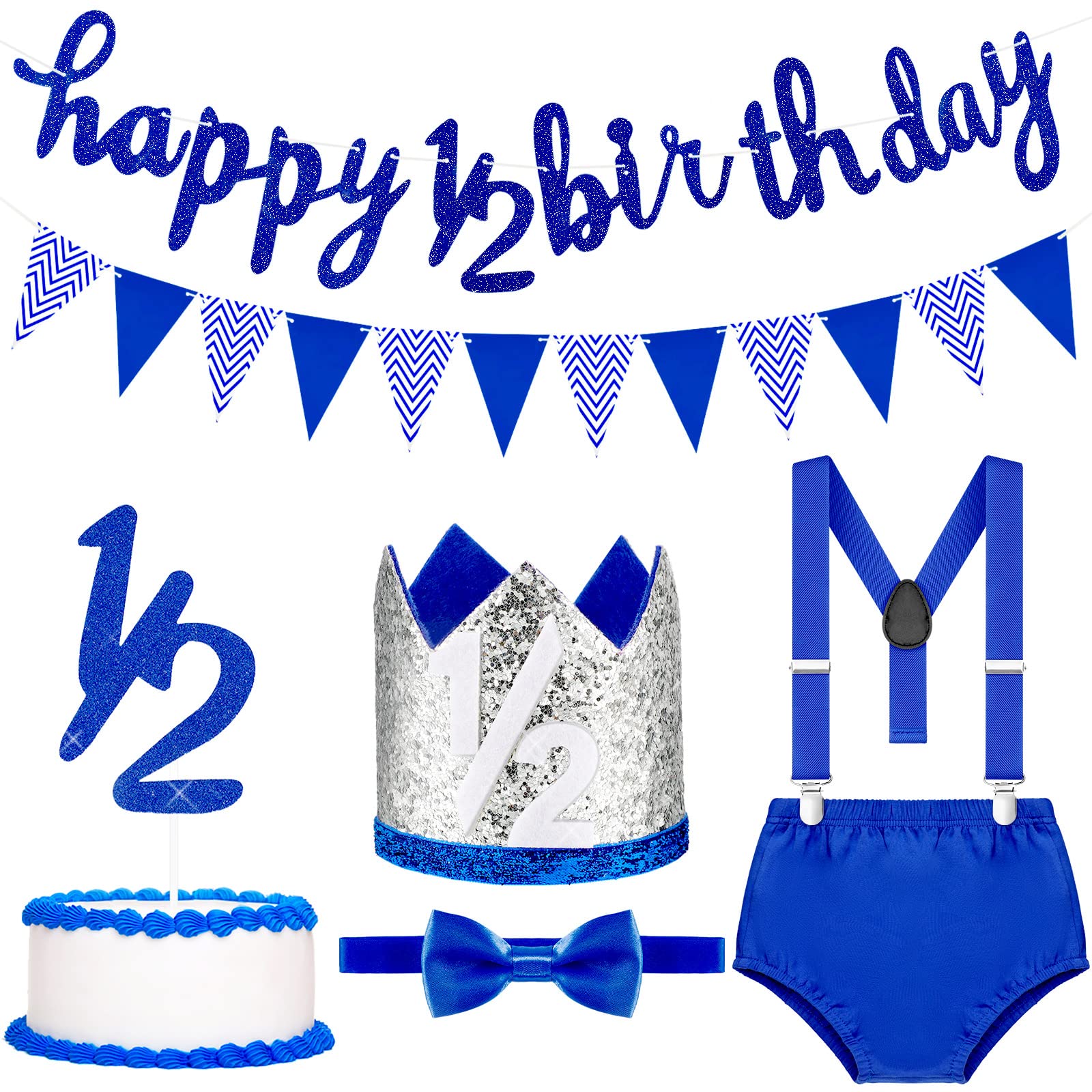 Photo 1 of Epakh Glitter 18 Month Happy Birthday Banner Set Happy 1/2 Birthday Banner Glitter 1/2 Half Year Cake Topper Triangle Flag Celebrations Crown Hat Bow Tie(Blue)