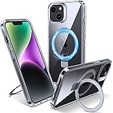 Flyzoo Magnetic Case for iPhone 14 Plus - [Built-in Invisible Stand] [Compatible with MagSafe] [Military Grade Drop Protection] Anti-Yellowing Hard Back Silicone Edge Cover, 6.7", Clear