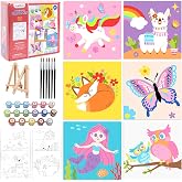 goldentime Kids Paint by Number Kits Including 6 Pre-Drawn Canvas for Painting, 6 Brushes 17 Paints and 2 Easels, Perfect Party Painting for Kids Ages 6-8-12