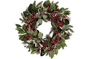 Pudate 22-Inch Artificial Christmas Wreath with Pinecones, Red Berries, and Magnolia - Holiday Door Wreath for Indoor Outdoor, Winter Christmas Decor for Front Door, Fireplace, or Wall Display