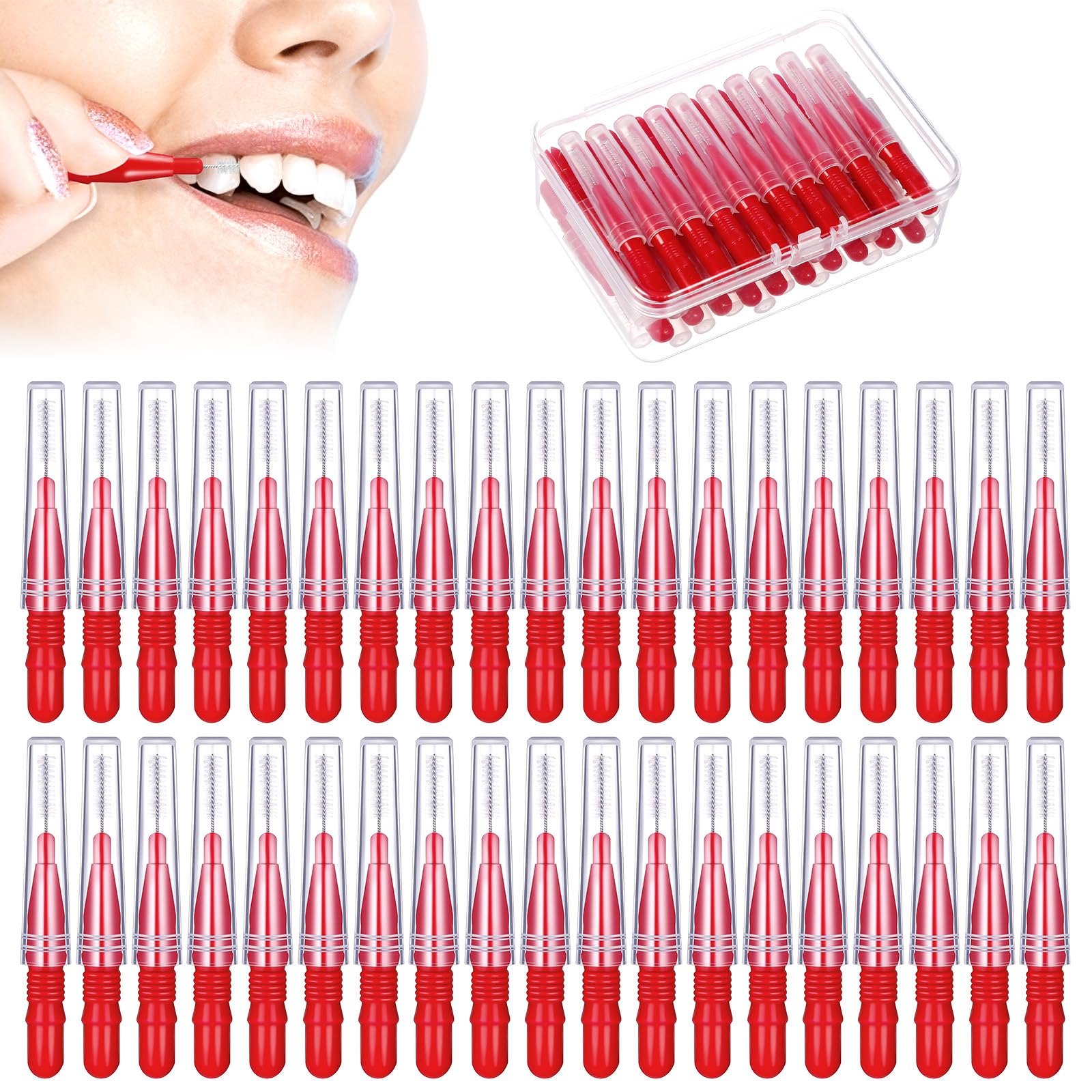 Interdental Brushes, 50PCS Tooth Picks Floss Sticks 3mm Flossing Brushes for Teeth, Interdental Brushes for Cleaning Gaps Between Teeth(Red)