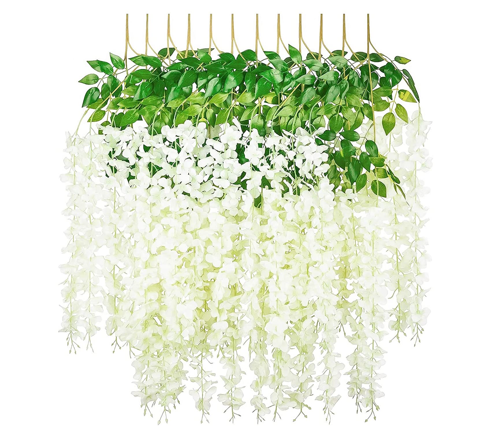 SZJH 12pcs 3.6 Feet/Piece Artificial Fake Wisteria Vine Ratta Hanging Garland Silk Flowers String Home Party Wedding Decor (White)