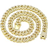 FEEL STYLE Mens Cuban Link Chain Gold Silver Plated Bling Miami Cuban Necklace Diamond Chain for Men 13MM Iced Out Hip Hop Jewelry 18-24inch