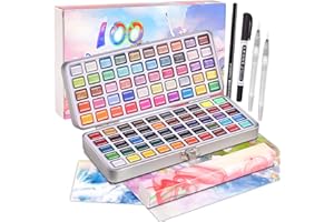 Gunsamg Watercolor Paint Set, 100 Colors Painting with Water Brush Pens, Professional Watercolor Paint Set for Kids, Adults, Art Supplies. 54 Premium Colors, 10 Fluorescent Colors, 36 Metallic Colors.