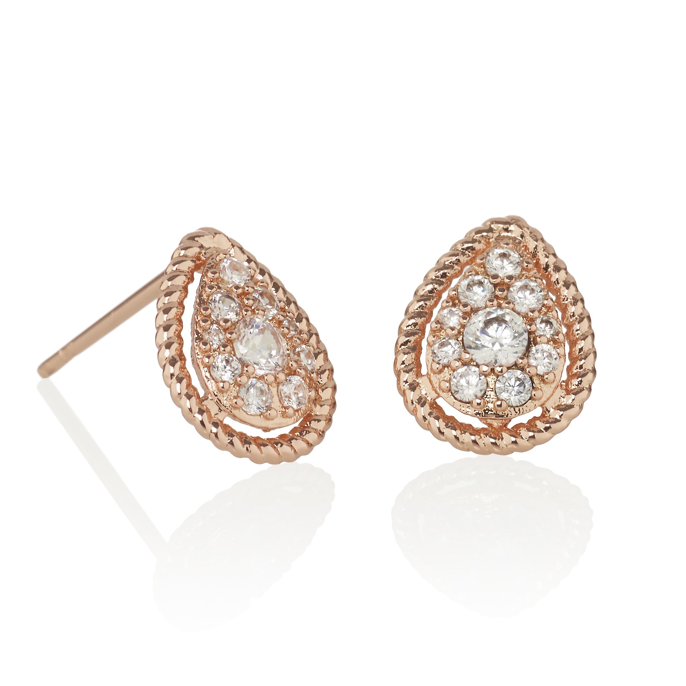 Namana Teardrop Earrings. 18 Carat Rose Gold Plated or Fine Silver Colour CZ Gemstone Studs. Pear Shaped Pierced Earrings with Gift Box. (Rose Gold, 18ct Gold Plated Base Metal)