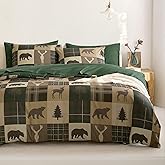 Wake In Cloud - Rustic Duvet Cover Set, Cabin Christmas Lodge Western Country Bear Deer Holiday RV Outdoor Winter Theme, Soft Lightweight Bedding, 3-Piece, Green Brown, King Size