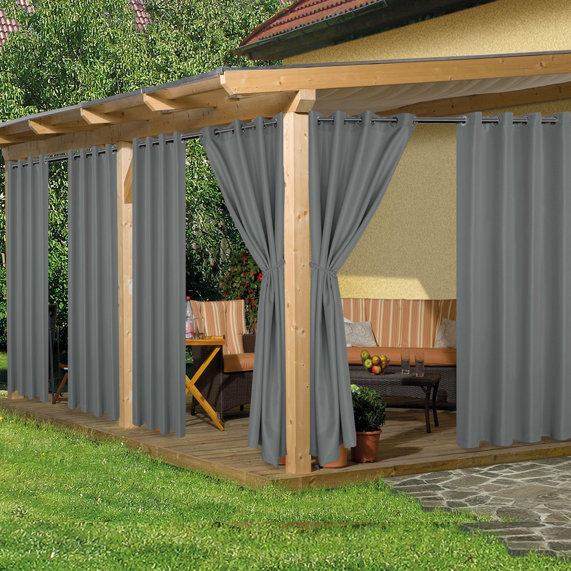 HolidayIdeas Waterproof Outdoor Curtains for Patio, 6 Panels - 54x120 Inches - Weatherproof Privacy Outsides Curtains for Backyard Porch Gazebo, Sunlight & UV Blocking (Grey, Grommet Top) Image
