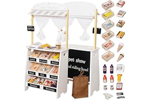 Touch Us Kids Grocery Store Playset,Pretend Play Store Toy & Wooden Supermarket Shopping Cart with Toy Cash Register, Play Money&Blackboard;26PCS Food Toys Shop for 3+ year old boys girls toddler baby