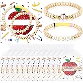 Cunno 12 Sets Christmas Teacher Appreciation Gifts Thank You Teacher Gifts Apple Shaped Bracelets Wooden Beaded Bracelets Set with Card for Women Men Jewelry