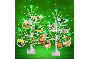 Agusbagli 2 Pack 24in St Patricks Day Decorations 24LED Lighted St Patricks Tree with Shamrock & Gnomes Ornaments Battery Operated Light Up Table Tree with Timer for St Patricks Home Party
