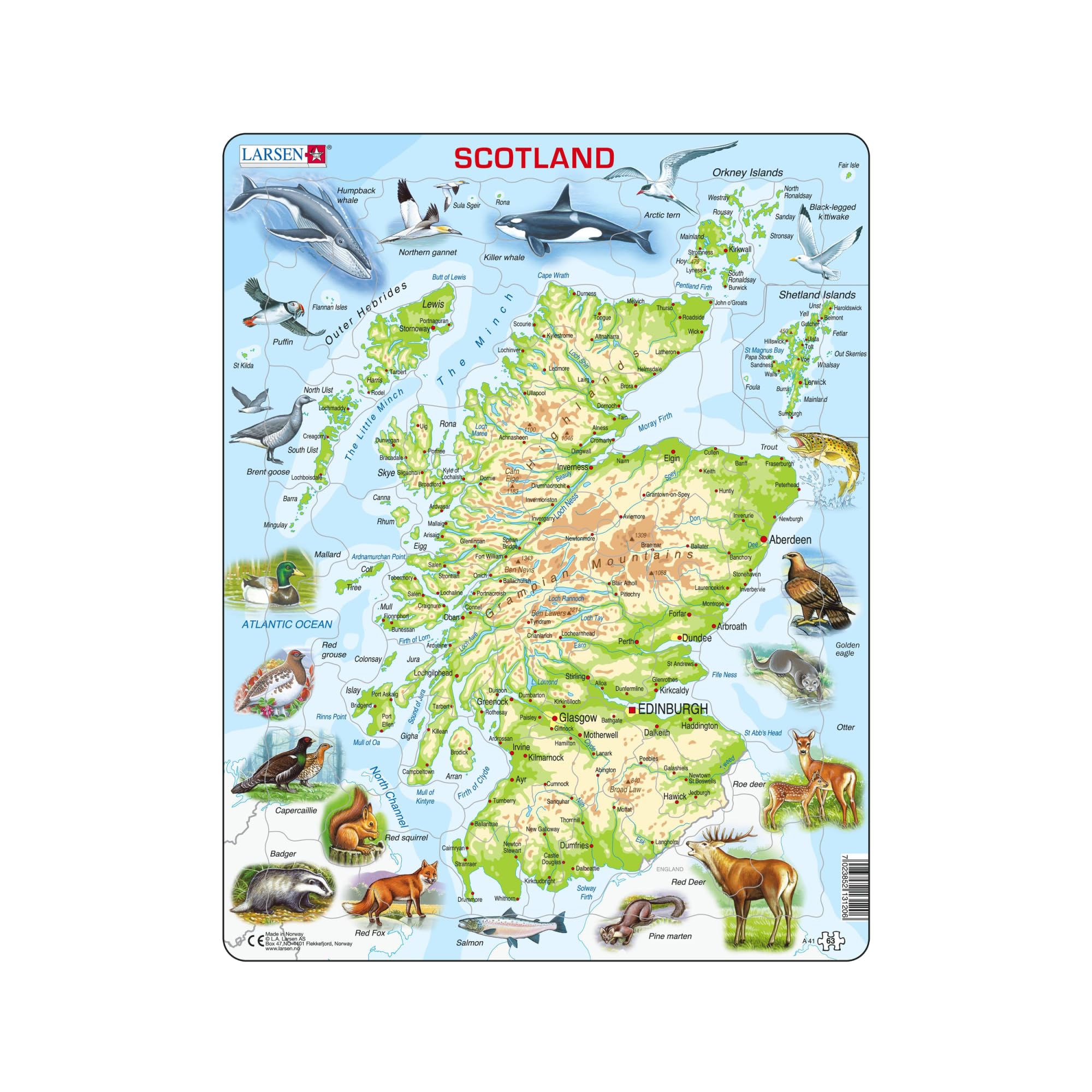 Larsen A41 Scotland Topographic Map Jigsaw Puzzle | 63 Pieces | Educational Geography Puzzle for Kids & Adults | Fun Learning Activity | Boxless Tray & Frame