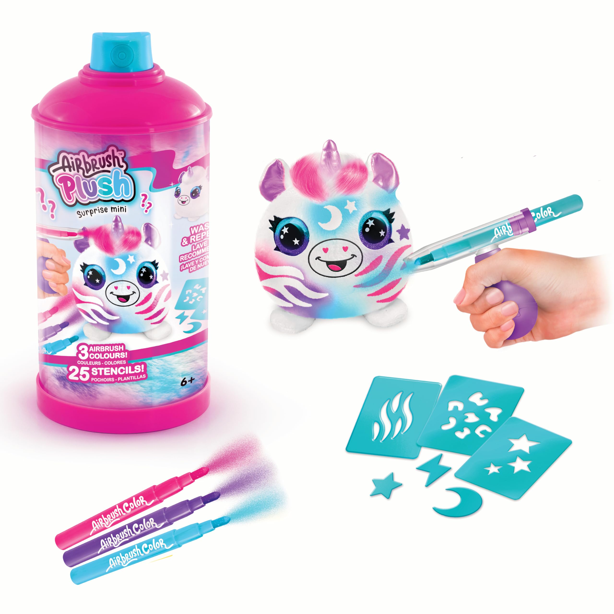 Airbrush Plush AIR 005 Surprise, Decorate & Personalise Your Own Plush, Airbrush Spray Tool + Colour Markers + 25 Stencils, 6 Mini