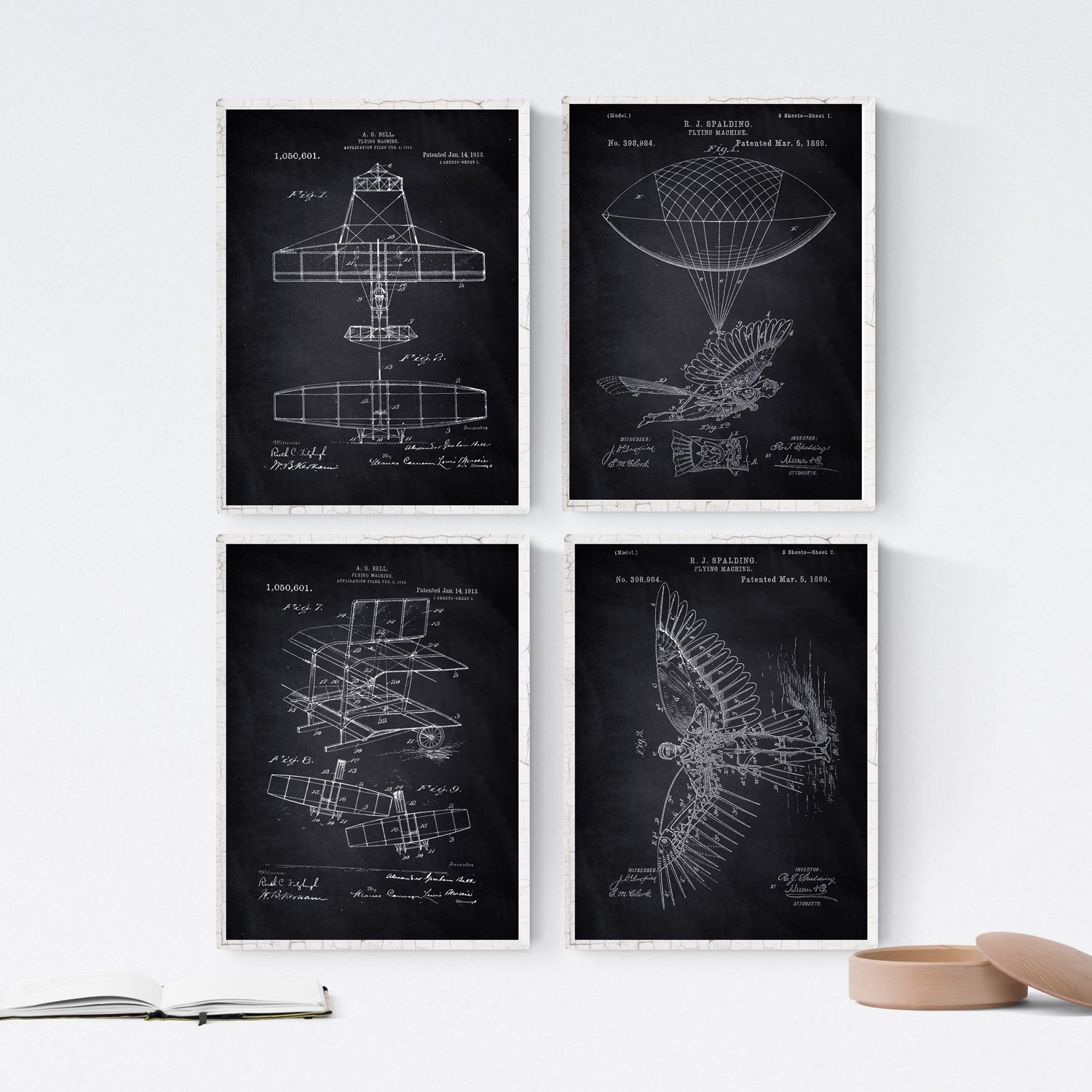 Nacnic Black - Pack of 4 Sheets of Patent Planes Set Posters of Old Patents Inventions Choose the Color You Like. Printed on 250g
