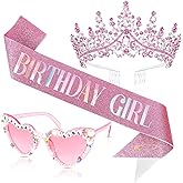 Tihebax Birthday Girl Sash and Crown Set with Glasses - Pink Birthday Sash for Women Girls, Princess Tiara Crown, Sparkling Sash, Fun Glasses for Birthday Party Decoration