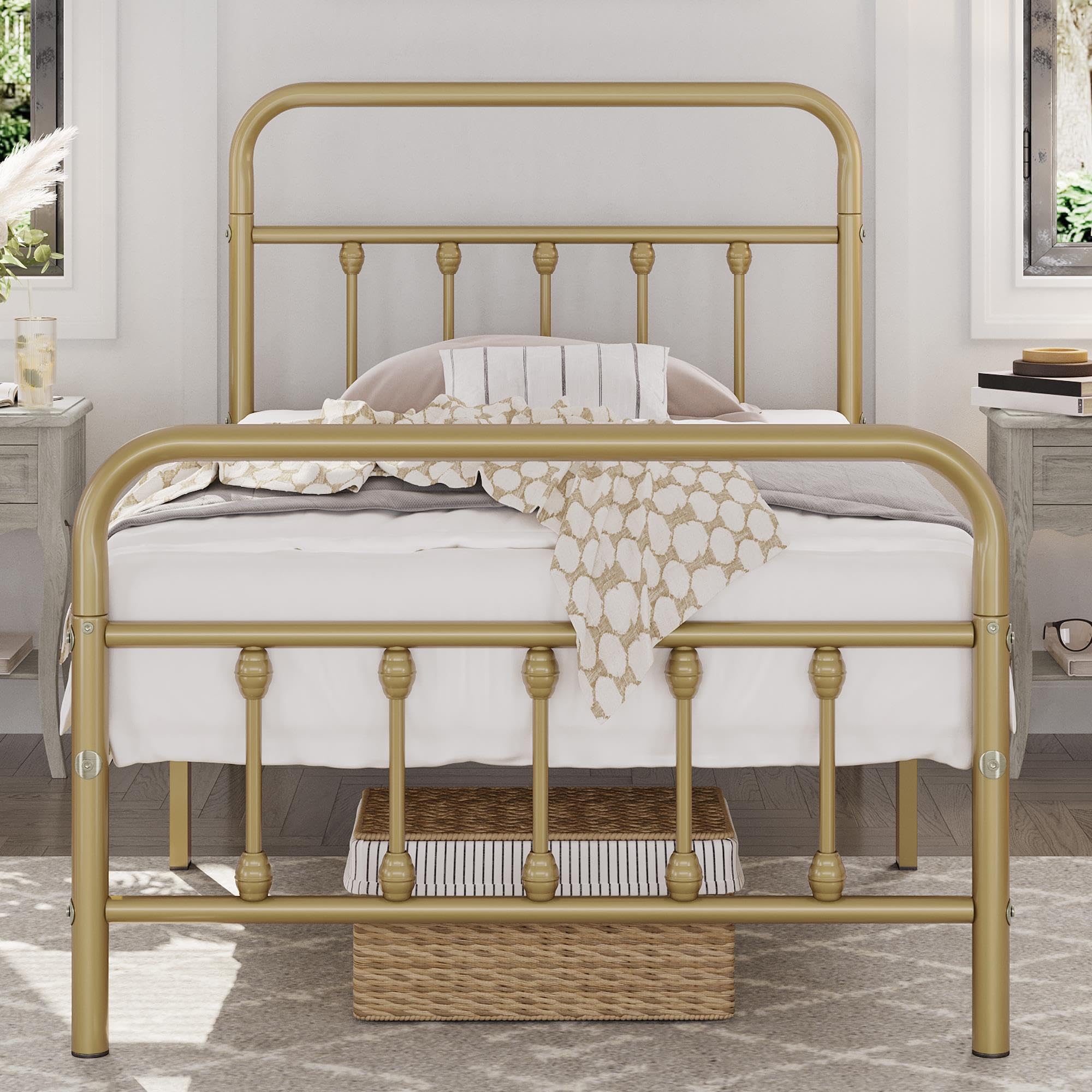 Yaheetech Classic Metal Platform Bed Frame Mattress Foundation with Victorian Style Iron-Art Headboard/Footboard/Under Bed Storage/No Box Spring Needed/Twin Size Antique Gold Image