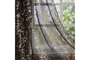 Horaldaily Black Sheer Curtains for Living Room and Bedroom,Gold Sequin Glitter Metallic Foil, Scenery Light Filtering Window
