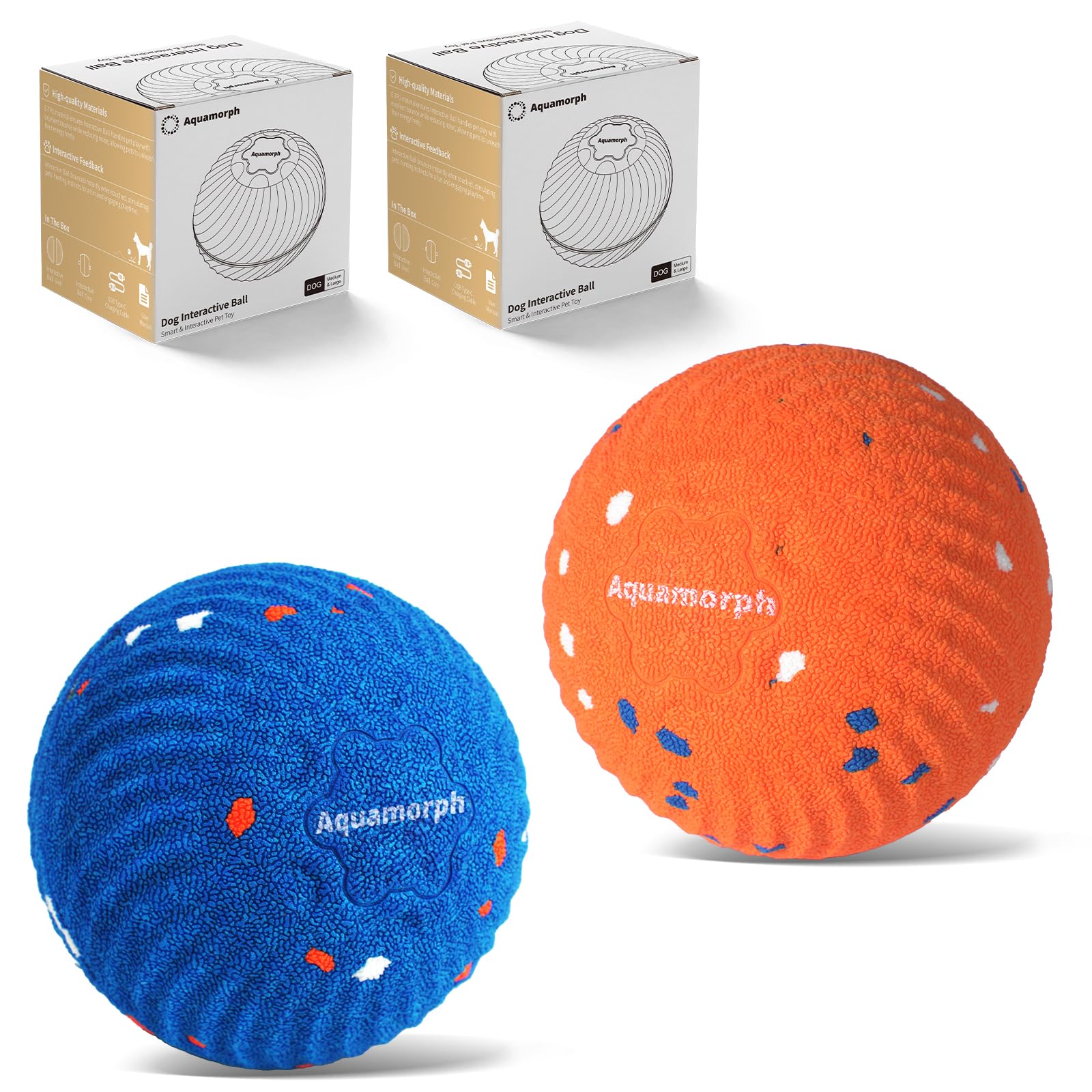 Photo 1 of Aquamorph 2 Pack Interactive Dog Balls - Auto Moving Bouncing Vibrating Washable Dog Toys for Large Medium Dogs, Type-C Rechargeable, Blue and Orange, Ripple Pattern