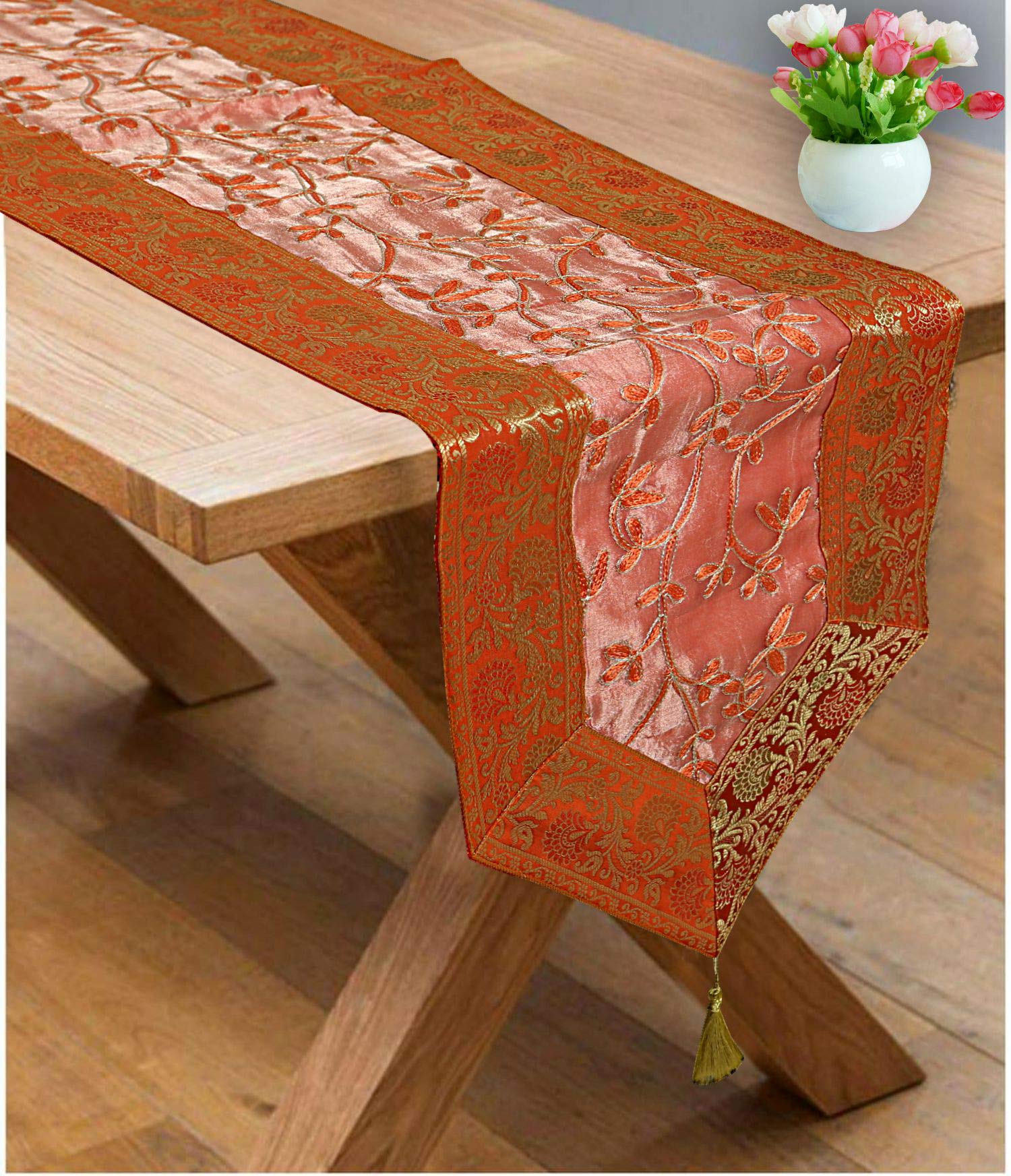Stylo Culture Indian Coffee Table Runner Christmas 6 Ft Orange Peach Traditional Decorative Tablecloth Zari Embroidered Tassels 72 Inch Brocade Jacquard Bordered Ethnic Wedding Decor