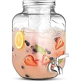 1-Gallon Glass Beverage Dispenser with 18/8–Stainless Steel Spigot - 100%Leakproof - Wide Mouth Easy Filling - Drink Dispense