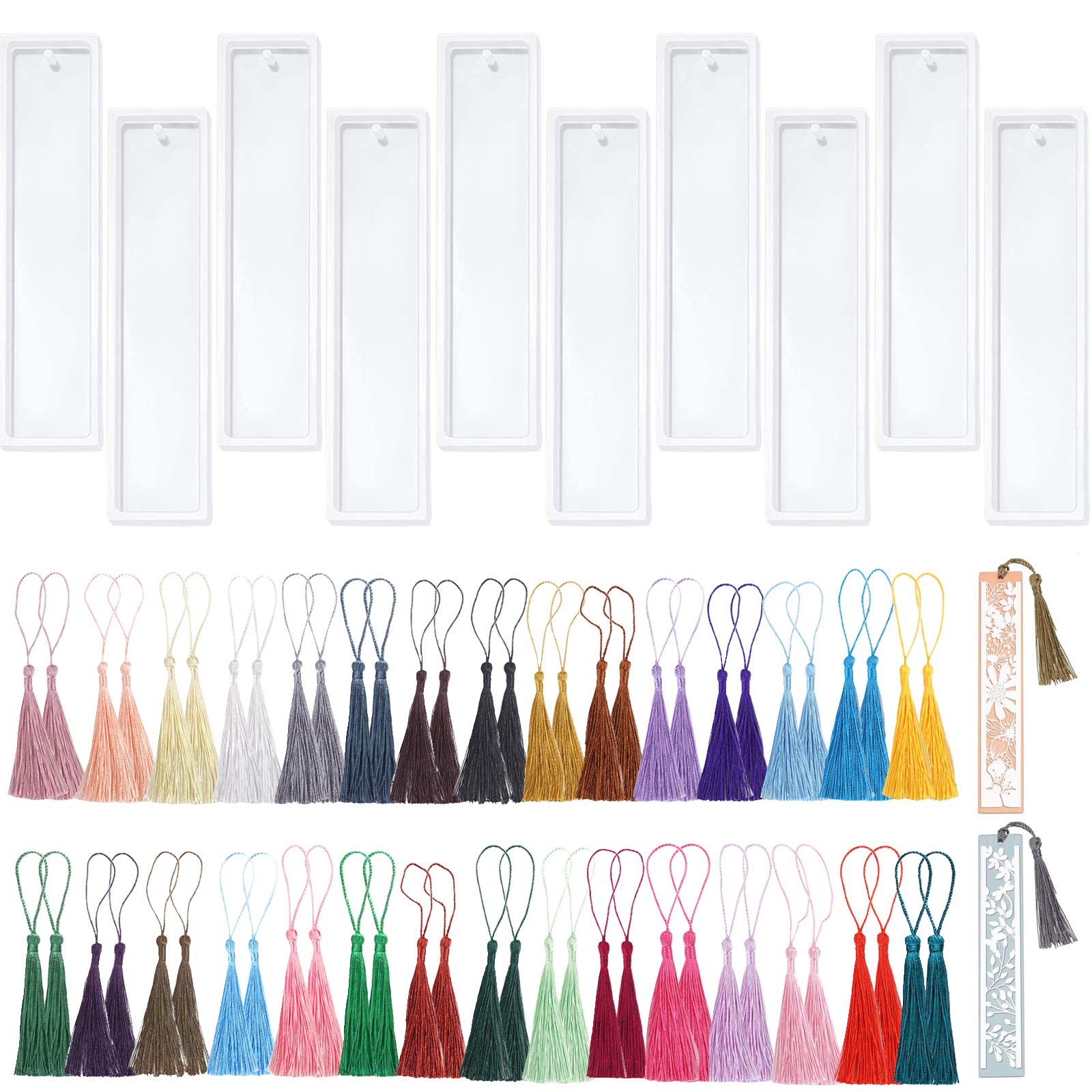 70pcs Resin Moulds 10pcs Bookmark Epoxy Resin Mold with 60pcs Colourful Tassel,Silicone Mould for Resin DIY Bookmark Moulds Silicone Moulds Rectangle Casting Mould