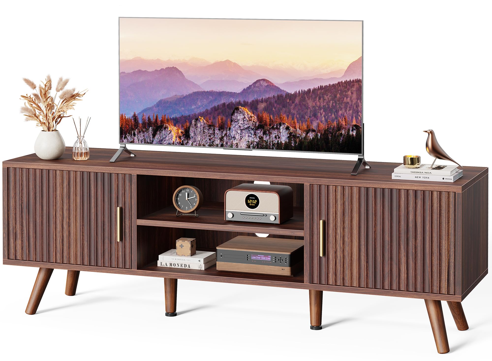 SUPERJARE TV Stand for 55 Inch TV, Entertainment Center with Adjustable Shelf, 2 Cabinets, TV Console Table, Media Console, Solid Wood Feet, Cord Holes, for Living Room, Bedroom, Walnut