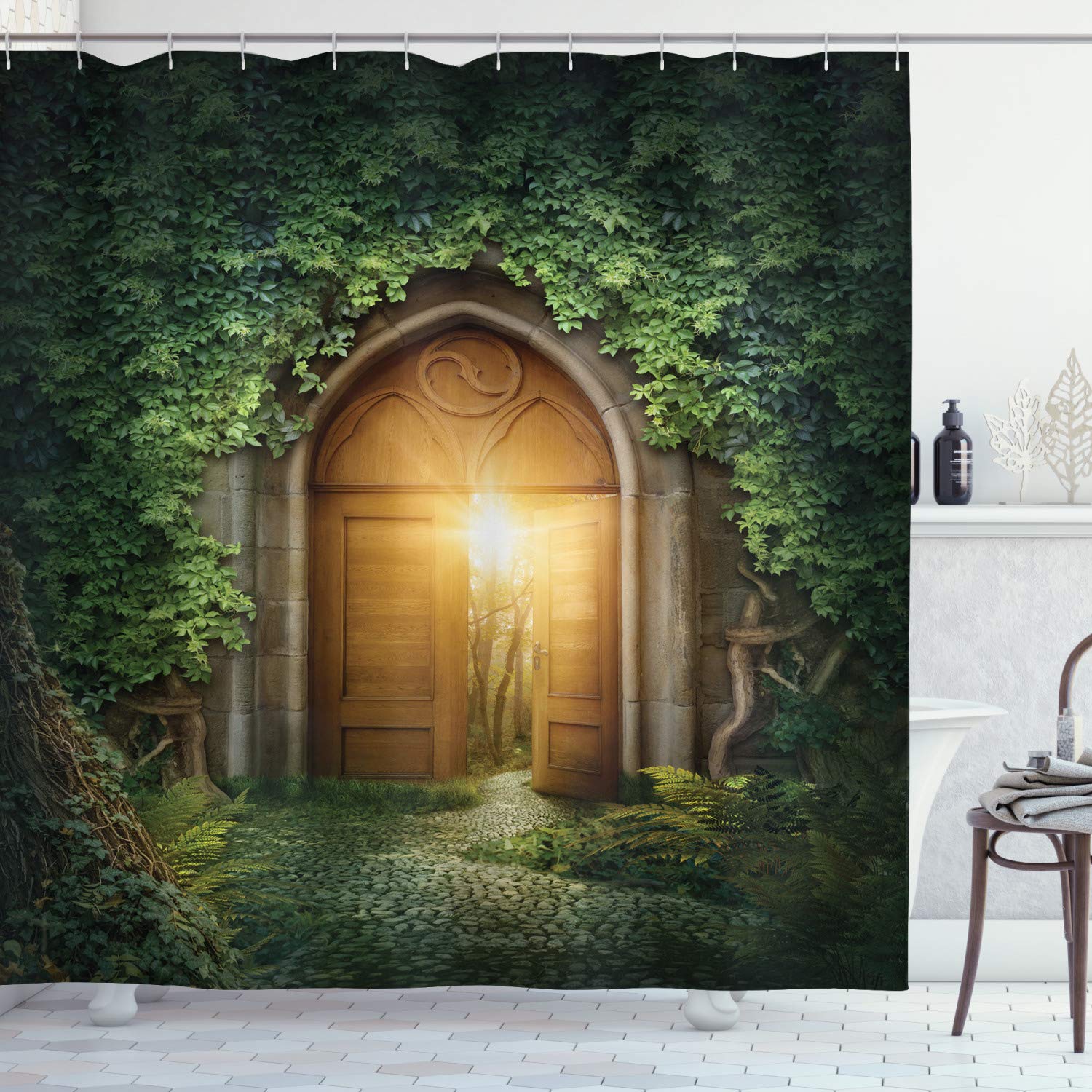 ABAKUHAUS Fantasy Shower Curtain, Sunbeams Through the Mysterious Half Opened Wooden Entrance with Greenery, Cloth Fabric Bathroom Decor Set with Hooks, 78 Inches, Green and Brown