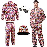 Forfamy 80s Outfit for Men, Retro 90s Tracksuit Casual Side Taping Costume, 4Pcs Long-Sleeve Urbanwear Sportswear Bucket Hat