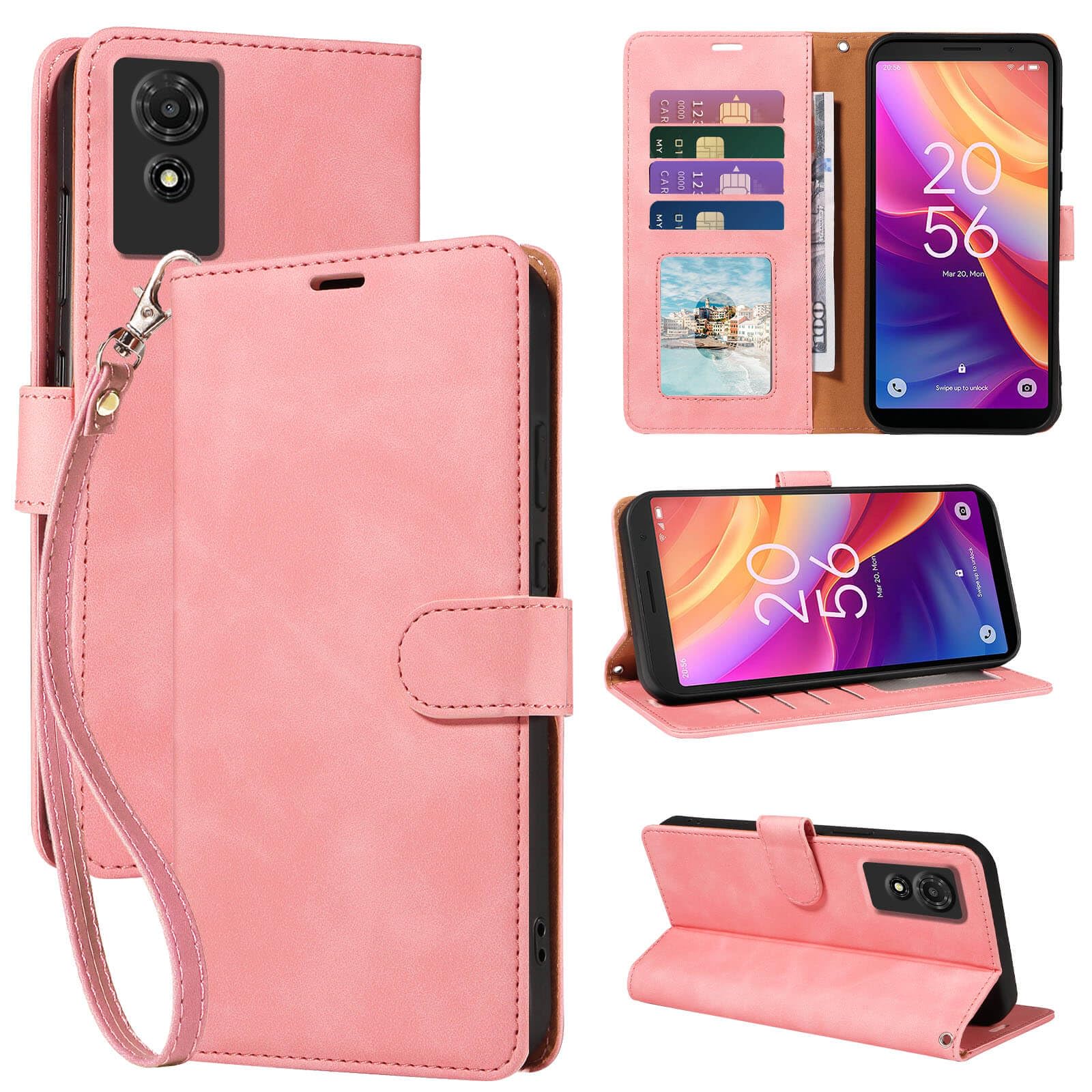 GOTOURED Wallet Phone Case for TCL 501 6 inch, [RFID Blocking 4 Card Slots] [Wrist Strap] [Kickstand] Magnetic Closure Shockproof Protective Soft Leather Flip Cover (Pink)