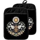 GOOZHO Bee Gifts Pot Holders with Pockets, Honey Bee Gifts, Honeybee Daisy Floral Oven Pot Holders Heat Resistant Oven Mitts Hot Pads for Kitchen Baking Cooking
