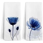 Gnmduw Blue Floral Hand Towels for Bathroom, Boho Floral Kitchen Towels, Blue White Flower Hand Towel Set of 2, Minimalist Flower Decorative Dish Tea Towel for Kitchen Bathroom Decor, 16x24 Inch
