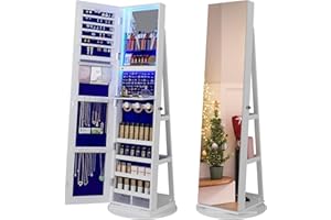 HNEBC 360° Swivel Jewelry Cabinet with Lights,Standing Jewelry Armoire Organizer, Rotatable Jewelry Mirror, Full Length Mirror with Jewelry Storage, White
