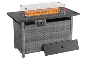 JULY'S SONG 44" Fire Pit Table with Wind Guard for Outdoor, Auto-Ignition Propane Gas Firepits Rattan Rectangular Table for Outside Patio 60,000 BTU, Gray