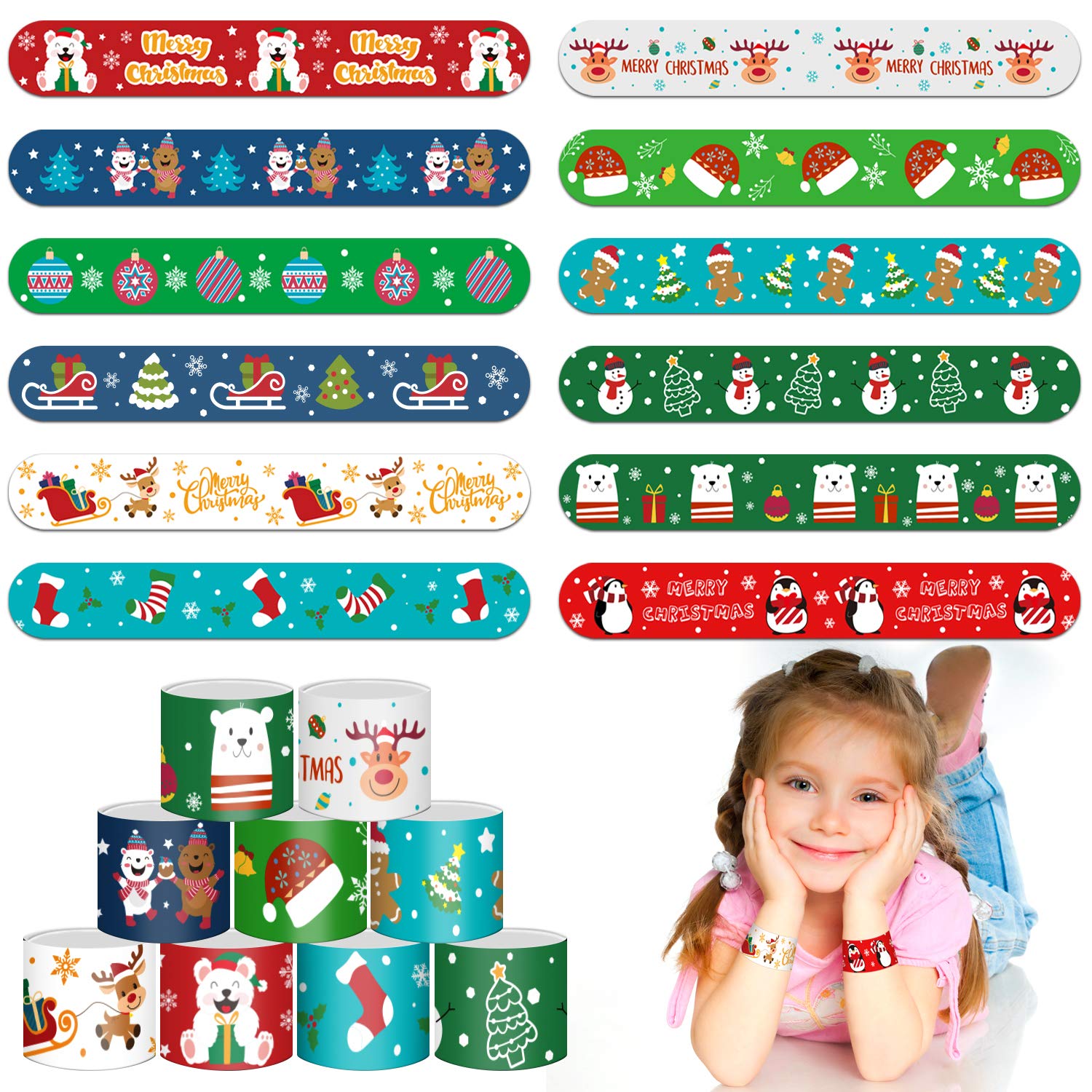LOKIPA Christmas Slap Bracelets,48 Pieces Kids Slap Snap Band Wristband for for Xmas Party Bag Filler