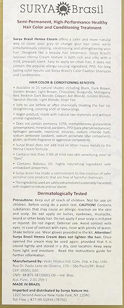 SURYA BRASIL – HENNA CREAM FOR GRAY COVERAGE, SEMI PERMANENT NATURAL HENNA DEEP CONDITIONING HAIR COLOR TREATMENT, BLACK, 2.37 OZ / 70 ML