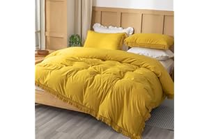 Smoofy 3Pcs Fringe Mustard Yellow Tassel Comforter Set Queen Boho Bohemian Cute Soft Tufted Microfiber Bedding Sets Modern Style for Men and Women (1Comforter + 2 Pillowcases)