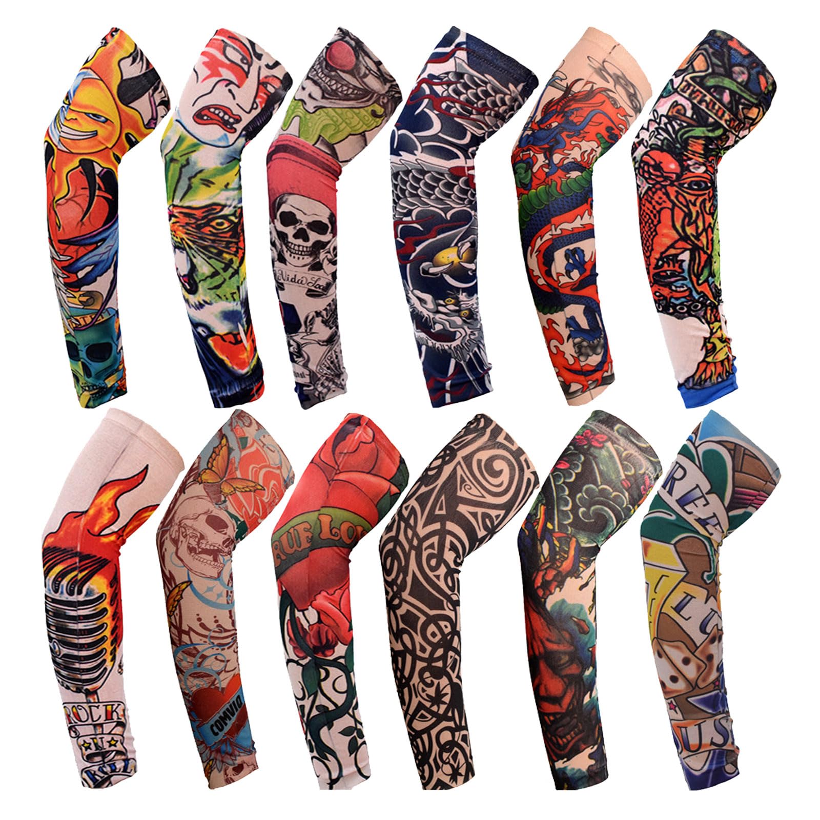 TSHAOUN 12 Pieces Art Arm Fake Tattoo Sleeves Cover For Men Women, Nylon Fake Temporary Cool Tattoo Sleeves Elastic Arm Stockings Halloween Tattoo Hip Hop Sun Block Sleevelet For Festivals (12PCS)