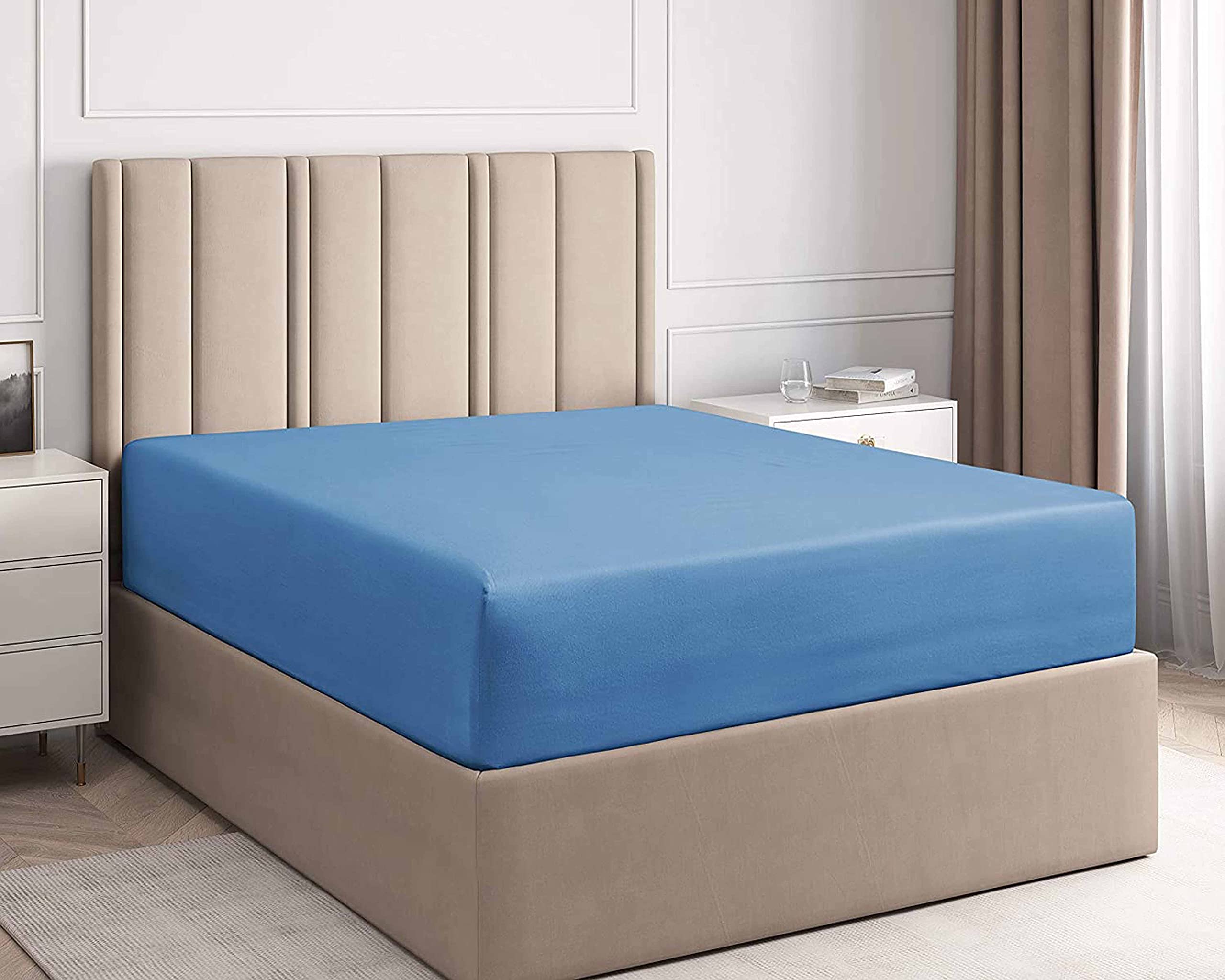 Extra Deep Fitted Sheet with Pair of Matching Pillowcase Double and King Sizes (Sky Blue, Double)