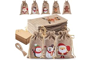 Homum 25 Pcs Christmas Burlap Gift Bags with Drawstring and Tags - 7x9 Inch Tiny Small Gift Bags for Xmas Candy and Christmas Supplies