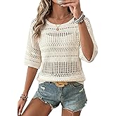 EVALESS Womens Summer Crochet Tops Half Sleeve Hollow Out Beach Vacation Clothes Resort Wear Cruise Outfits