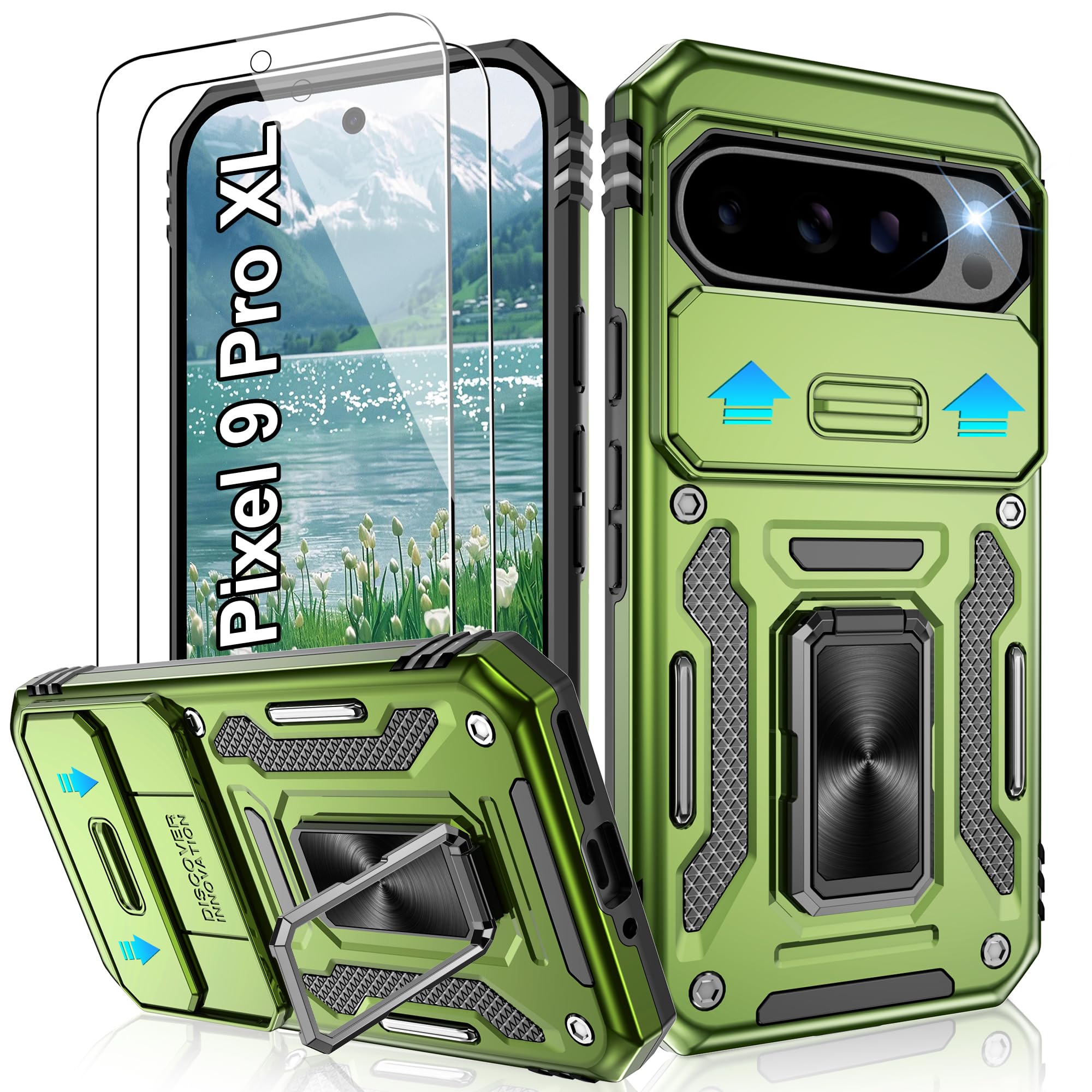 Jshru for Google Pixel 9 Pro XL Case with 2 Pack Screen Protector,Shockproof Protective Case with Slide Camera Cover,Ring Stand Phone Cover for Google Pixel 9 Pro XL,Green