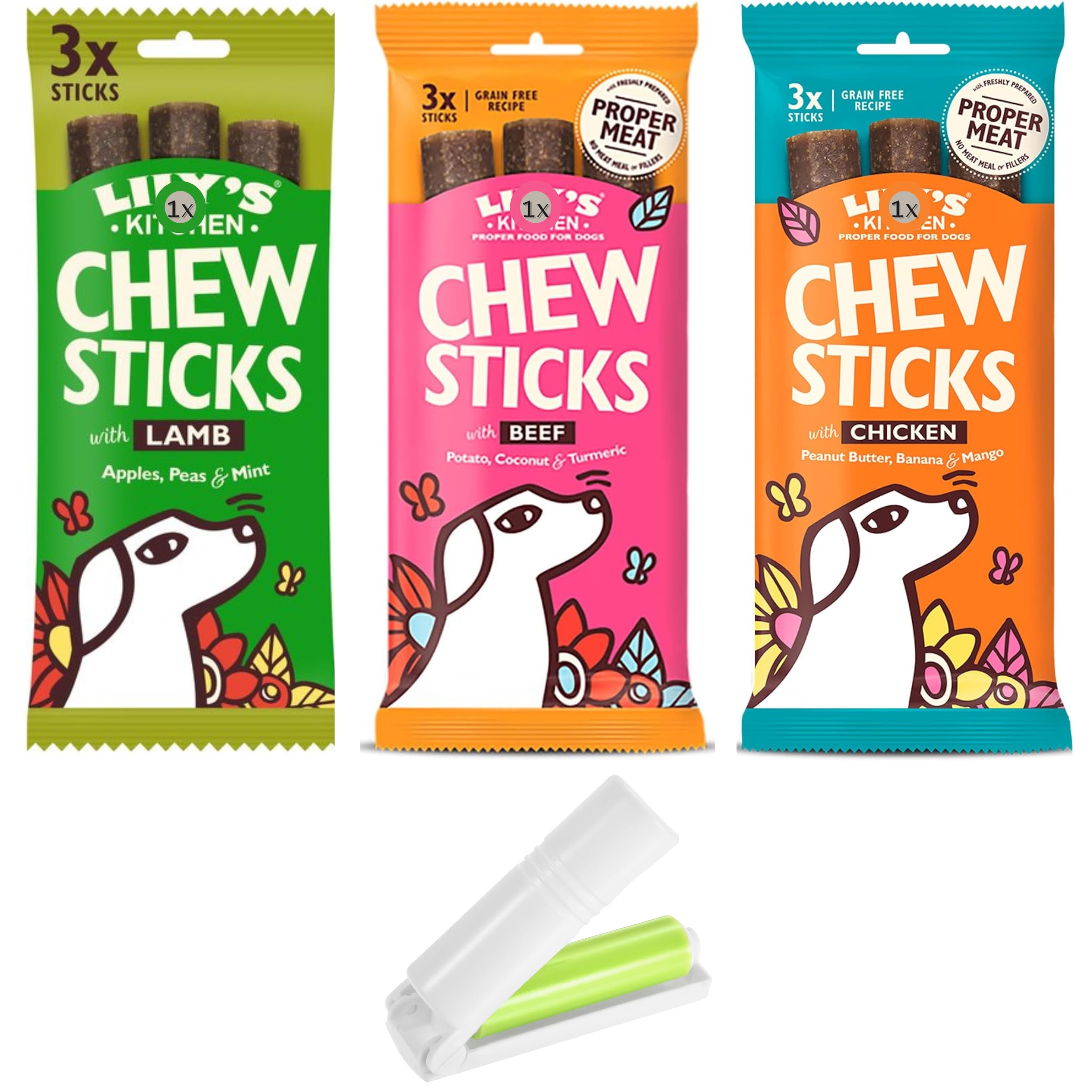 Dog Chew Sticks Bundle with L.Kitchen Grain Free Natural Dental Dog Treats Chicken,Lamb, Beef - Pack of 3x120gram (Total of 9 Chews) plus UbiPet Lint Roller